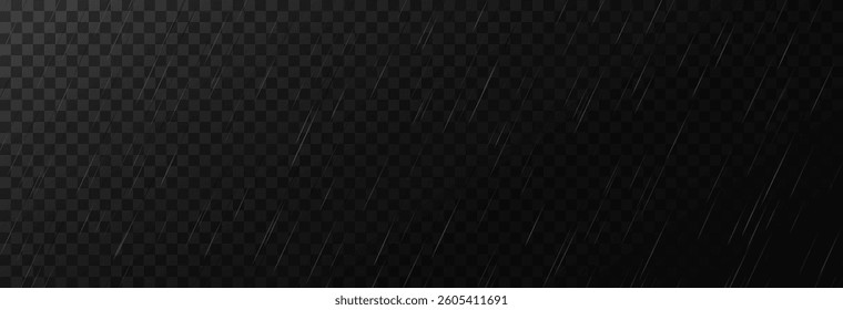 Raindrops on transparent background, downpour, hail, snow. Vector png, illustration for banner, postcard, advertising, realistic rain for design.