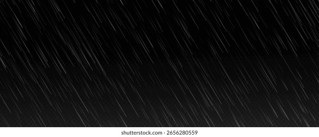 Raindrops on transparent background, downpour, hail, snow. Vector png, illustration for banner, postcard, advertising, realistic rain for design.