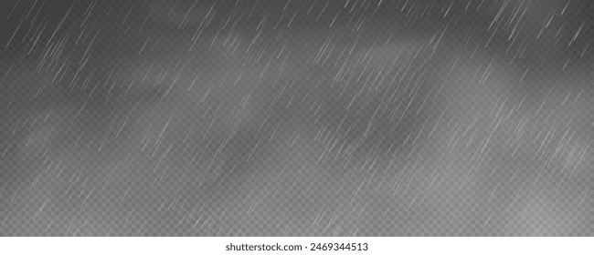 Raindrops on transparent background. Storm with rain and white cloud isolated on transparent background. Downpour, hail rainy weather. png