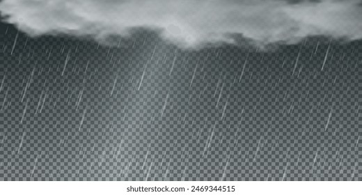 Raindrops on transparent background. Storm with rain and white cloud isolated on transparent background. Downpour, hail rainy weather. png