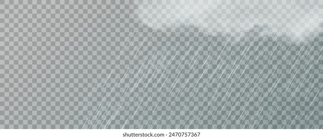 Raindrops on transparent background. Storm with rain and white cloud isolated on transparent background. Downpour, hail rainy weather. png