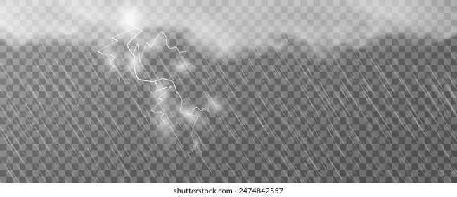 Raindrops on transparent background. Storm with rain and white cloud isolated on transparent background. Downpour, hail rainy weather. png realistic lightning light.