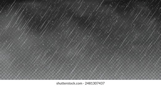 Raindrops on transparent background. Storm with rain and white cloud isolated on transparent background. Downpour, hail rainy weather. Rain and snow, rain and hail png.