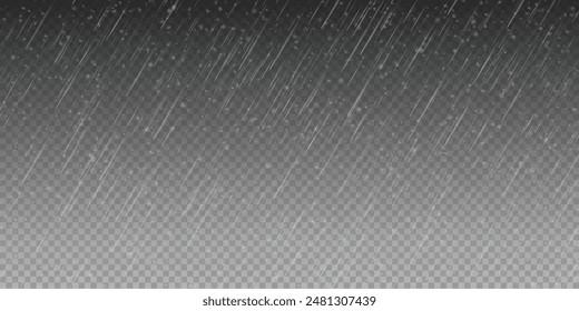 Raindrops on transparent background. Storm with rain and white cloud isolated on transparent background. Downpour, hail rainy weather. Rain and snow, rain and hail png.