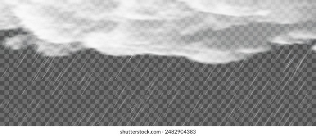 Raindrops on transparent background. Storm with rain and white cloud isolated on transparent background. Downpour, hail rainy weather. Rain and snow, rain and hail png.