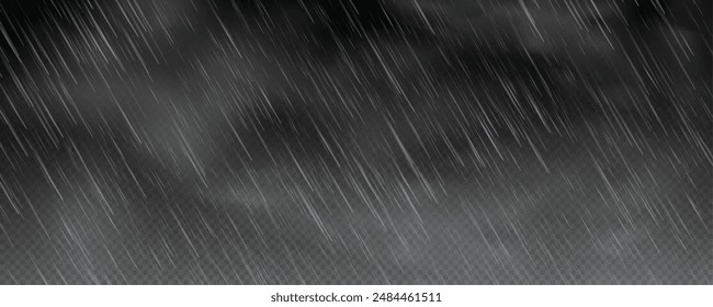 Raindrops on transparent background. Storm with rain and white cloud isolated on transparent background. Downpour, hail rainy weather. png