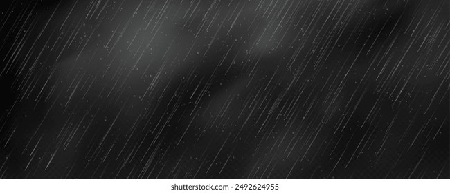 Raindrops on transparent background. Storm with rain and white cloud isolated on transparent background. Downpour, hail rainy weather. Rain and snow, rain and hail png.