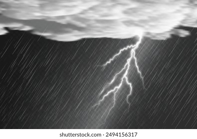 Regentropfen auf transparentem Hintergrund. Sturm mit Regen und weiße Wolke isoliert auf transparentem Hintergrund. Regenguss, Hagel regnerisches Wetter. png realistisches Blitzlicht.