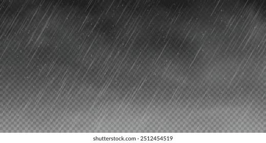 Pingos de chuva sobre fundo transparente. Tempestade com chuva e nuvem branca isolada em fundo transparente. Chuva forte, granizo, tempo chuvoso. Chuva e neve, chuva e granizo.