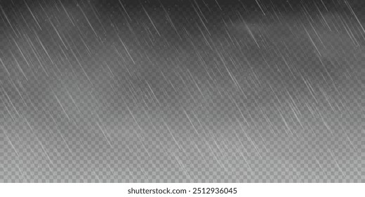 Raindrops on transparent background. Storm with rain and white cloud isolated on transparent background. Downpour, hail rainy weather. Rain and snow, rain and hail png.