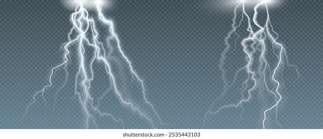 Raindrops on transparent background. Storm with rain and white cloud isolated on transparent background. Downpour, hail rainy weather. png realistic lightning light.