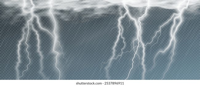 Raindrops on transparent background. Storm with rain and white cloud isolated on transparent background. Downpour, hail rainy weather. png realistic lightning light.