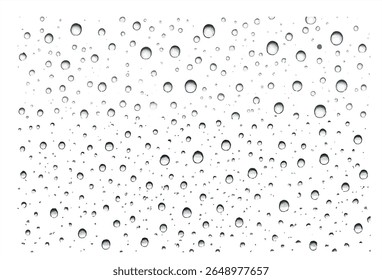 Pingos de chuva no vidro da janela com fundo gradiente do céu. Gotas de água transparentes criando textura natural abstrata.