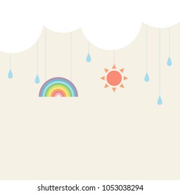 raindrops, rainbow, and red sun are hanging from huge cloud. day time concept. vector illustration.