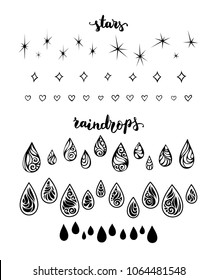 Raindrops and stars. Black outline elements isolated on white background. Vector duotone illustration.
