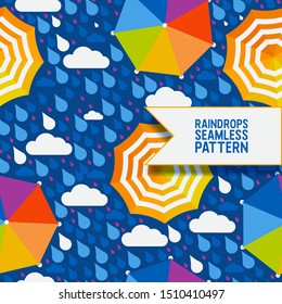 Raindrops and umbrella seamless pattern, vector illustration. Abstract background in flat style, rainy autumn weather. Colorful open umbrellas under the rain and clouds. Wrapping paper or fabric print