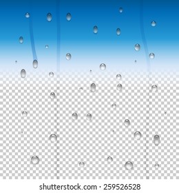 Gotas de lluvia y vapor de agua en una ventana de vidrio. Conjunto de gotas de agua cristalinas. Ilustración del vector
