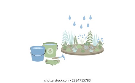 Rainfall drops over a small round garden bed containing mixed plants while buckets of water and gardening tools rest on the ground nearby.