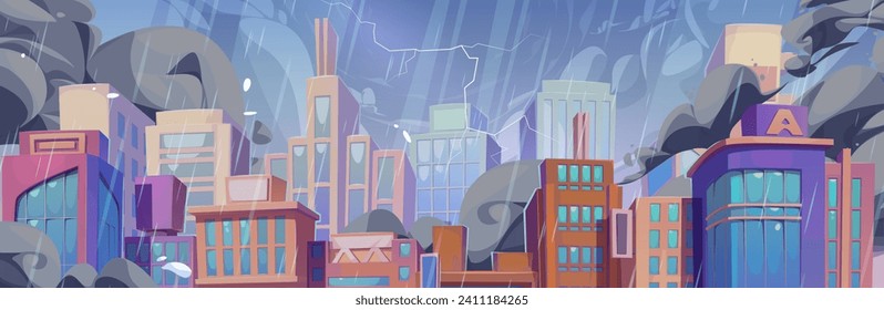 Rainfall in modern city. Vector cartoon illustration of pouring rain and lightning bolt in cloudy sky above skyscrapers, high-rise office and housing buildings with many windows, gloomy cityscape