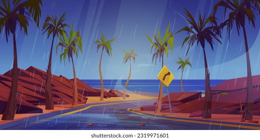 Rainfall on highway to sea beach. Vector cartoon illustration of dangerous road with sharp turn warning sign, rocky stones and palm trees along rainy coastline way, dull gray sky. Stormy weather