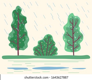 Rainfall in park with green trees. Raining bad weather with big raindrops and puddles on ground. Seasonal changes in temperature and level of moisture. Wet plants in forest, vector in flat style