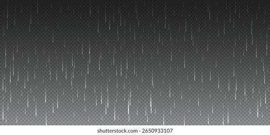 Rainfall texture effect. Vector illustration vertical white rain streaks isolated on gradient gray transparent background ideal for storm rain, rainy snow or hail weather design and rain png overlays