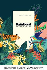 Rainforest aminals and floral plants and flowers background banner layout. Vector illustration.