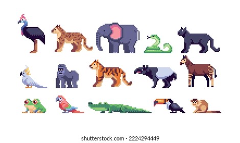 Rainforest Animals pixel art set. Amazon wildlife collection. Tropical fauna, exotic species, 8 bit. Game development, mobile app.  Isolated vector illustration.