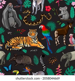 rainforest animals seamless pattern black