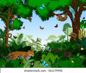Rainforest with animals vector illustration. Vector Green Tropical Forest jungle with parrots, jaguar, tapir, sloth, anaconda and butterflies.
