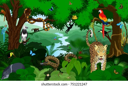 Rainforest with animals vector illustration. Vector Green Tropical Forest jungle with parrots, jaguar, boa, peccary, harpy, monkey, frog, toucan, anaconda and butterflies.