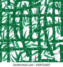 Rainforest backdrop. Leaves branches stem bamboo wallpaper. Bamboo forest seamless pattern texture on white background.  Summer design for fabric, textile print, wrapping paper, home textile.
