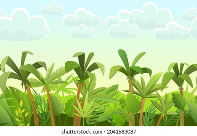 Fondo del bosque lluvioso. Árboles de selva. Estilo divertido de caricatura. Cielo matutino con nubes. Paisaje sin mar con vector de palmeras