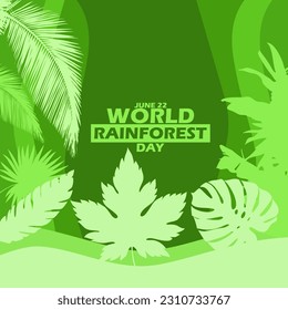 Rainforest background with plants, green leaves and bold text on dark green background to commemorate World Rainforest Day on June 22