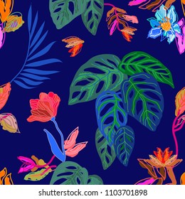 Rainforest colors. Seamless vector pattern with monstera leaves and exotic flowers on indigo background. Trendy design for textile, cards, covers.