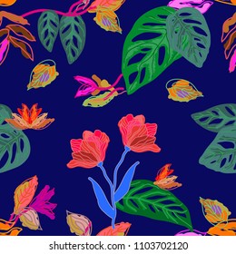 Rainforest colors. Seamless vector pattern with monstera leaves and booming flowers on dark blue background. Trendy design for textile, cards, covers.