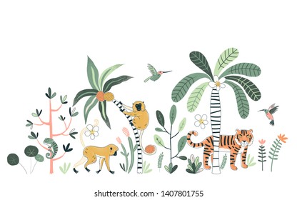 Rainforest flora and fauna hand drawn vector illustrations set. Tiger, chameleon and colibri. Animals and flowers. Exotic trees and plants. Jungle animals poster, t shirt prints, design elements