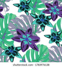 Rainforest Flowers and Leaves. Jungle Pattern for your Design. Seamless Pattern with Tropical Leaves and Flowers. Colorful Background with Flowers and Leaves. Vector Texture with Exotic Flowers.