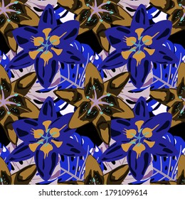 Rainforest Flowers and Leaves. Jungle Pattern for your Design. Colorful Background with Flowers and Leaves. Vector Texture with Exotic Flowers. Seamless Pattern with Tropical Leaves and Flowers.