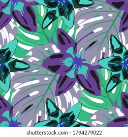 Rainforest Flowers and Leaves. Jungle Pattern for your Design. Seamless Pattern with Tropical Leaves and Flowers. Vector Texture with Exotic Flowers. Colorful Background with Flowers and Leaves.