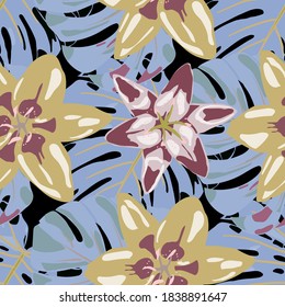 Regenwaldblumen und Blätter. Dschungelmuster für Ihr Design. Nahtloses Muster mit tropischen Blättern und Blumen. Vektorgrafik mit exotischen Blumen. Farbiger Hintergrund mit Blumen und Blättern.