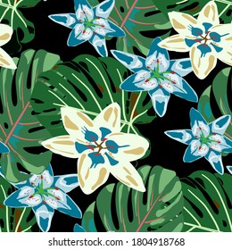 Flores y hojas de selva tropical. Textura vectorial con flores exóticas. Patrón de jungla para su diseño. Fondo colorido con flores y hojas. Patrón sin foco con hojas y flores tropicales.