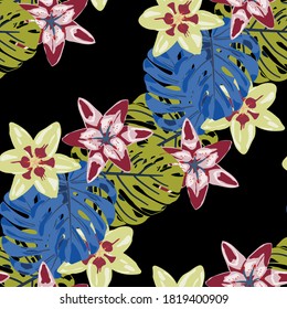 Rainforest Flowers and Leaves. Vector Texture with Exotic Flowers. Colorful Background with Flowers and Leaves. Jungle Pattern for your Design. Seamless Pattern with Tropical Leaves and Flowers.