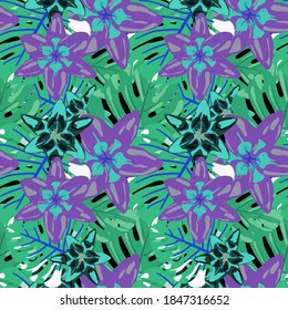 Rainforest Flowers and Leaves. Vector Texture with Exotic Flowers. Seamless Pattern with Tropical Leaves and Flowers. Colorful Background with Flowers and Leaves. Jungle Pattern for your Design.