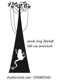 Rainforest frog climbing the tree black and white silhouette (vector graphics)