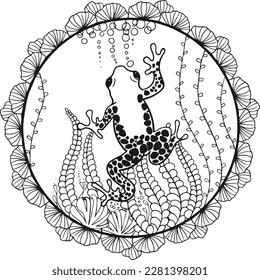 Rainforest frog coloring page, abstract round doodle pond 