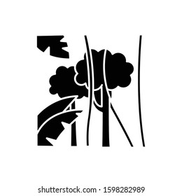 Rainforest glyph icon. Exotic trees and plants. Flora of Indonesian islands. Tropical greenery. Jungle lianas, trees and palm leaves. Silhouette symbol. Negative space. Vector isolated illustration