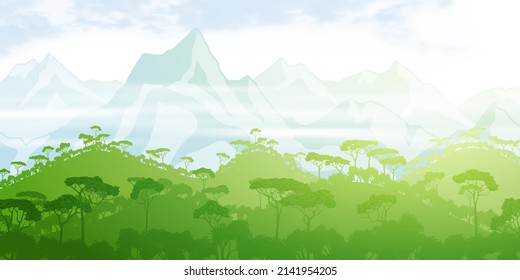 Rainforest hills, jungle against the backdrop of snow-capped mountains. View of southern nature, morning light.
