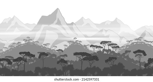 Rainforest hills, jungle against the backdrop of snow-capped mountains. View of southern nature, black and white landscape.