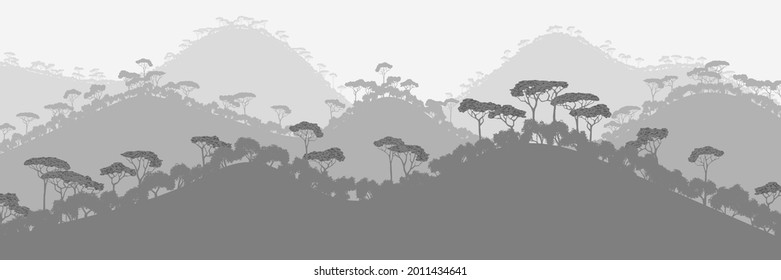 Colinas de selva tropical, jungla. Vista panorámica de la naturaleza sur, paisaje blanco y negro.